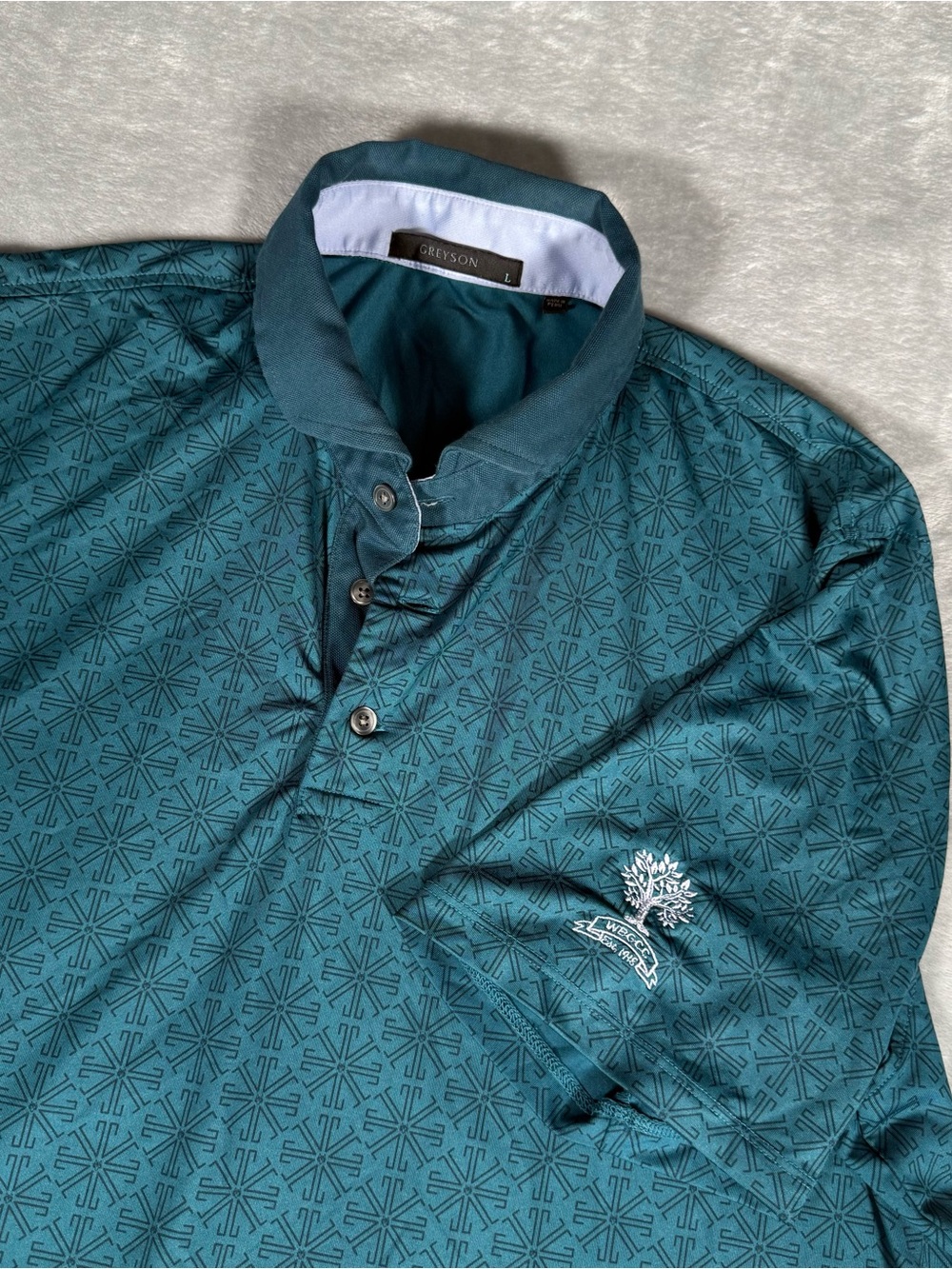 Greyson Graphic Polo Shirt Mens L Loose Fit White Beeches Golf Country Club